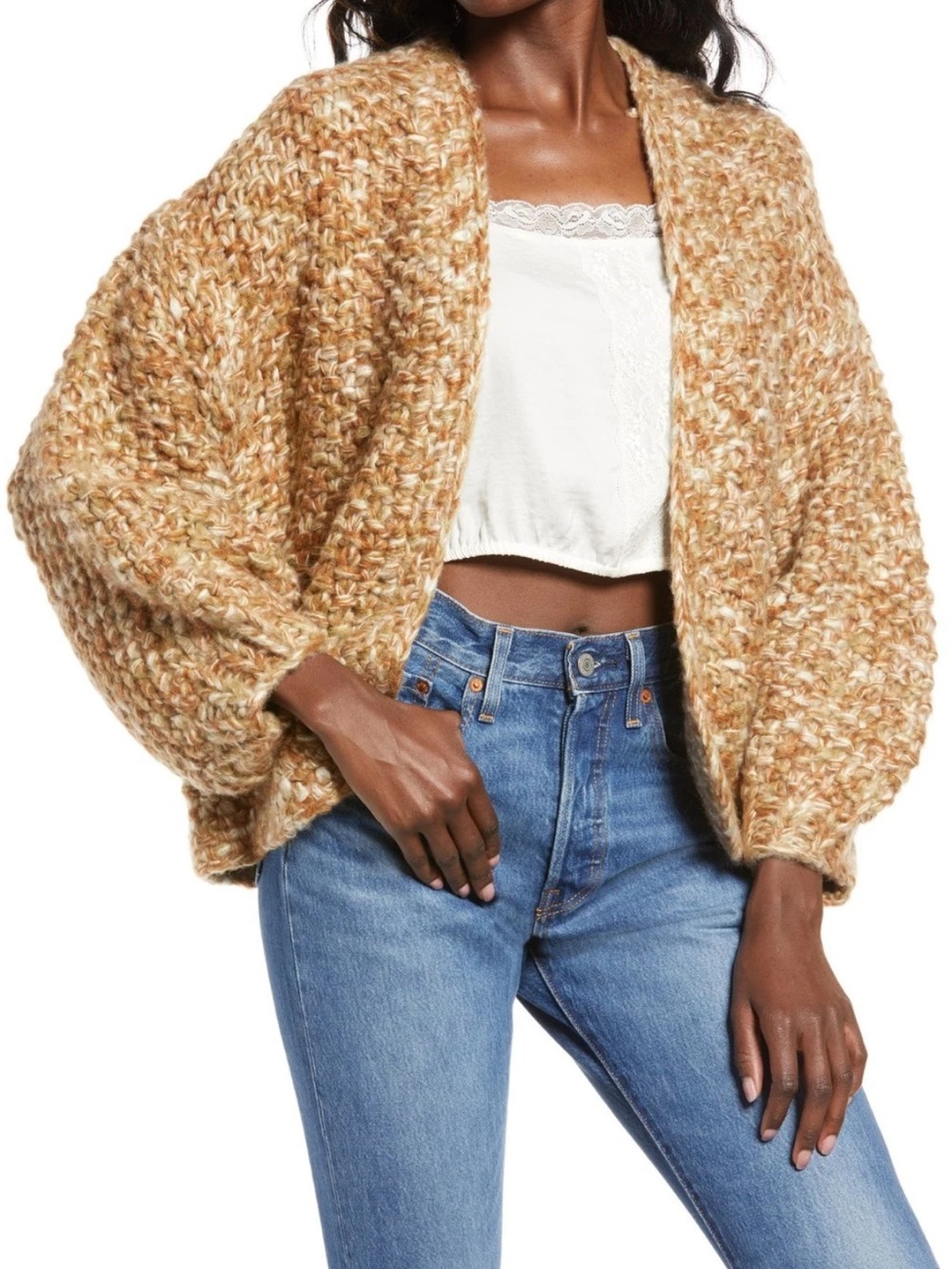 BLANK NYC Marled Crop Open Front Cardigan, Size Large Chunky Knit